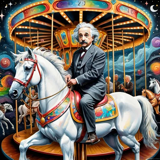 Prompt: (Art Deco style) painting of Albert Einstein on a carousel, a white horse prominently in front, colorful carousel elements, (vibrant color scheme), detailed chalkboard filled with scientific formulas in the background, (highly detailed), (ultra-fine details), (digital painting), (analytical art), whimsical atmosphere, intricate design elements, dynamic composition, enchanting ambiance.