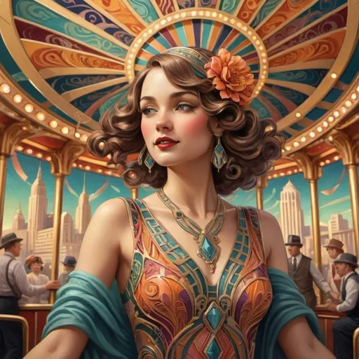 Prompt: (Artwork) Carousel of Humanity, (Art Deco style), vibrant color scheme, intricate designs reminiscent of the 1920s, elegance embodied, swirling shapes and radiant hues, infusing warmth and joy, strong emotional resonance, depicting human compassion, intricate details that evoke a sense of kindness and empathy, (highly detailed), mesmerizing background featuring stylized architectural elements, dynamic composition.