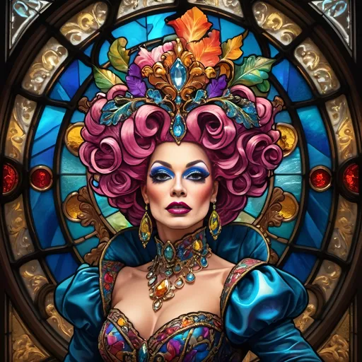 Prompt: (still life portrait), (stained glass artisan drag queen), (baroque style), highly detailed, brilliant colors, psychedelic patterns, intricate glass texture, warm lighting, decorative elements, ornate background, opulent ambiance, luxurious vibe, vivid contrast, ethereal atmosphere, artful composition, 4K quality, ultra-detailed, radiant reflections, artistic masterpiece.