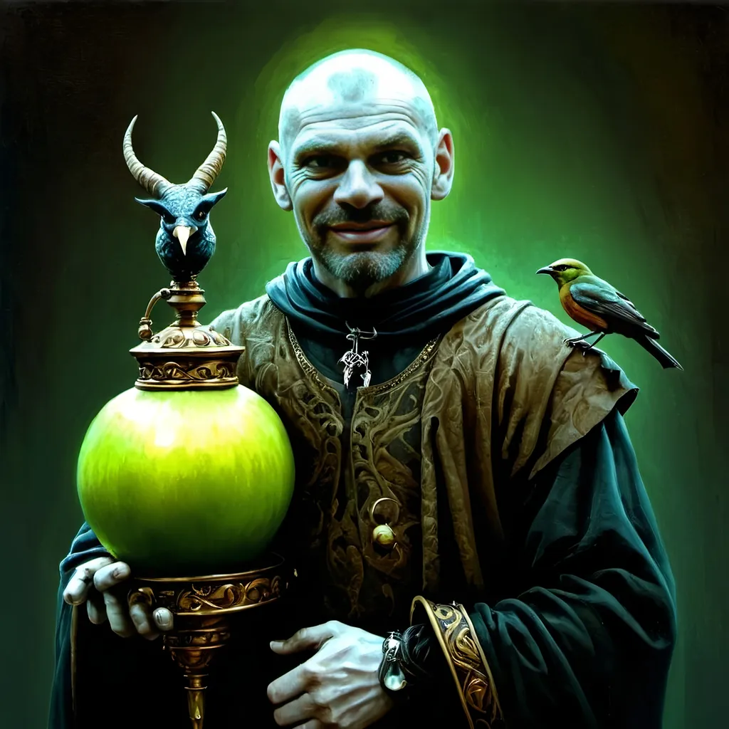 Prompt: (renaissance style), dark color scheme, a man with a horned head, a bird perched on his shoulder, holding a lamp in one hand, a green apple in the other, inspired by Esao Andrews, (highly detailed), fantasy art, character portrait, intricate details, rich textures, dramatic lighting, moody ambiance, ultra-detailed digital painting.