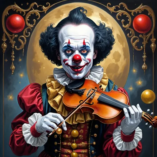 Prompt: a painting of a dark headed clown with a gold violin and a ball in front of him, with a red clown's face painted on it, magical ambiance, friendly, highly detailed digital painting, an ultrafine detailed painting.  Add Renaissance background.  Adorn with mystic florals.  Add moon influences