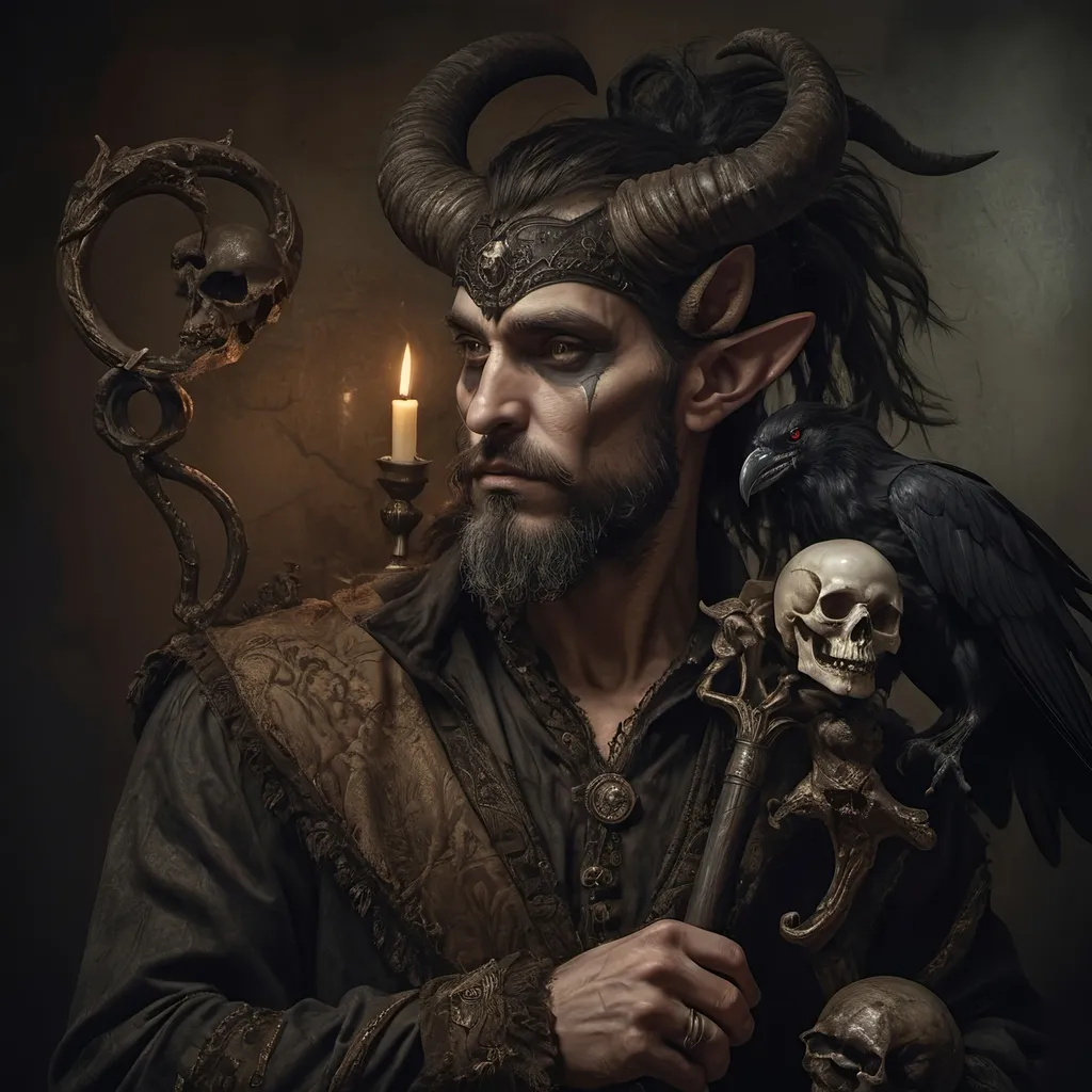 Prompt: (Renaissance still life), (man magician satyr), (dark color scheme), (elegant pose), (horns), holding a cane with skull orc, (crow perched on his shoulder), intricate details, moody ambiance, dim celestial lighting, rich textures, dramatic shadows, (stylized cane topped with a skull orb), ultra-detailed, high quality, evocative atmosphere.