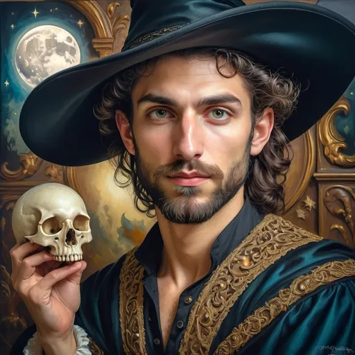 Prompt: (honoring Nuit), moon and stars) captivating handsome man magician, pointed witch hat, facial features highlighted, elegant beard, (renaissance baroque painting style), dark mystical background, rich deep colors with dramatic contrast, elements of Halloween celebration in still life arrangement, enigmatic ambiance, intricate shadows and light, (highly detailed), evoking intrigue and enchantment.