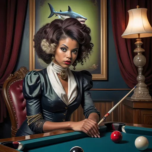 Prompt: (shark in a suit, playing pool), fine art, (pop surrealism) influences, classical painting style, whimsical atmosphere, (detailed textures), vibrant color tones, deep blues and greens, mixed with rich burgundies, engaging composition, pool cues and balls (surreal twist), intricately painted background with elements of artistry, 4K quality, (evocative mood), inspired by 7 Wonders Art Glass Studio, honoring Nuit.