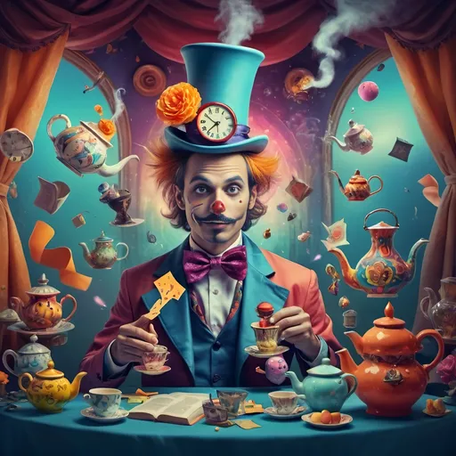 Prompt: (Still life portrait) of a magician jack-in-the-box man, (psychedelic style), vibrant color scheme, surrounded by whimsical teapots and floating magical items, colorful tea party atmosphere, (open book) in front, enchanting details unfolding, dreamy background, magical surrealism, explosive color contrasts, (ultra-detailed) composition, captivating light effects, cheerful yet enchanting mood, an exploration of imagination and wonder.