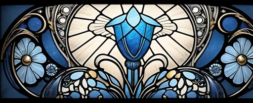 Prompt: A stunning stained glass window design, (Art Nouveau) and (Art Deco), vibrant hues of blue and gold, intricate patterns, celebrating Nuit and the Aeon of Horus, mesmerizing light effects, high detail craftsmanship, elegant motifs, celestial themes, artistic harmony, enchanting atmosphere, ultra-detailed, inviting the viewer into a mystical realm.