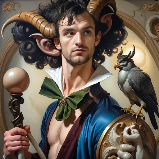 Prompt: (A fine art oil painting) by Seven Wonders Art Glass Studio, (magician man) with a (horned head), (bird on his shoulder), holding a cane and a glowing ball, inspired by Clint Cearley, (fantasy art), rich colors, intricate details, dramatic lighting, mystical atmosphere, character portrait emphasizing the essence of Pan and Nuit, ultra-detailed, vibrant background reflecting magical elements, imaginative and enchanting setting.