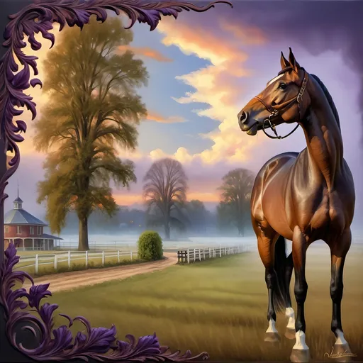 Prompt: (Honoring Nuit), highly detailed (oil painting), thoroughbred horse (majestic posture) on a Kentucky farm, stunning evening dusk lighting, soft illuminated clouds, warm hues of orange and purple blending over fields, rich textures of horse's coat, serene rural landscape (tranquil atmosphere), lush greenery in the background, ultra-detailed, artistic masterpiece showcasing equine beauty at sunset.