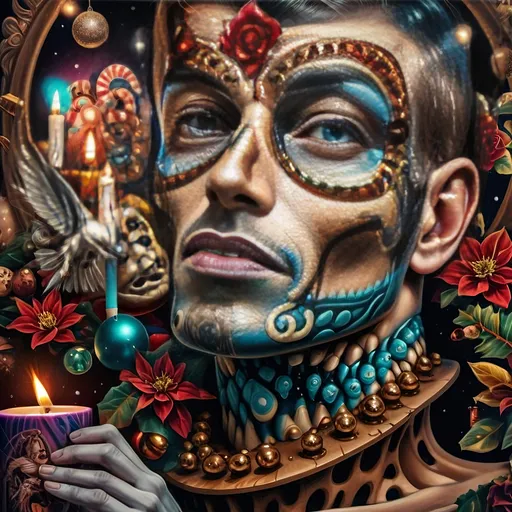 Prompt: (nutcracker), (candle and candle holder), surrounded by (Christmas decorations), (psychedelic art style), (vibrant color scheme), (extremely detailed), (oil painting), (airbrush painting), inspired by (Anne Stokes), (pop surrealism), dynamic patterns and textures, warm and festive ambiance, high-quality artistry, rich hues melding into each other, whimsical elements drawing viewers in, enchanting holiday spirit, magical atmosphere.