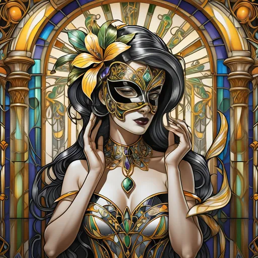 Prompt: (Honoring Nuit) solid line tracing, stained glass pattern, Art Nouveau Beauty.  Masked woman.  Mardi Gras. illustration, (7 Wonders Art Glass Studio) concept.  Simple illustration for trace and cut shapes.