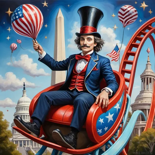 Prompt: (Acrylic painting of a magician man), wearing a (patriotic top hat), joyfully riding a (whimsical rollercoaster) in Liberty Park, with (HD details), vibrant colors, and enchanting motifs. The scene features the (Washington Monument) in the background, as well as the phrase (accurately spelled text "Yankee Doodle"). An aura of celebration and magic surrounds the image, honoring Nuit and the Aeon of Horus.