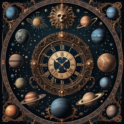 Prompt: (baroque style poster), dark color scheme, (ornate clock), (celestial planets) arranged side by side, (description of planets) centered in an elaborate font, inspired by Ernst Haeckel's elegance, kinetic art elements, intricate details, rich textures, moody atmosphere, visually striking composition, captivating design, (highly detailed) and (ultra-professional) illustration.