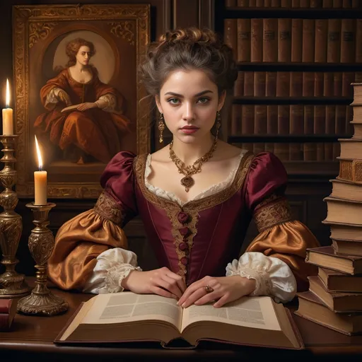 Prompt: Baroque-style portrait, (detailed facial features), (expressive eyes), (elegant attire), rich textures, warm amber and deep burgundy tones, soft dramatic lighting, ornate background of books and scholarly objects, conveys wisdom and cultural significance, intricate details, historical atmosphere, ultra-detailed, high quality, captivating expression.