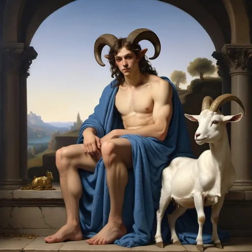 Prompt: (satyr sitting on a bench in Pan’s Temple), (horns and a goat statue), Renaissance Age, Arcadia, draped in a luxurious blanket of azure, golds, and purples on his lap, serene composure, richly detailed surroundings, soft natural light illuminating the scene, (masterpiece), invoking neoclassicism, inspired by Dieric Bouts, classical painting, HD, ultra-detailed, captivating ambiance, tranquil and enchanting atmosphere.