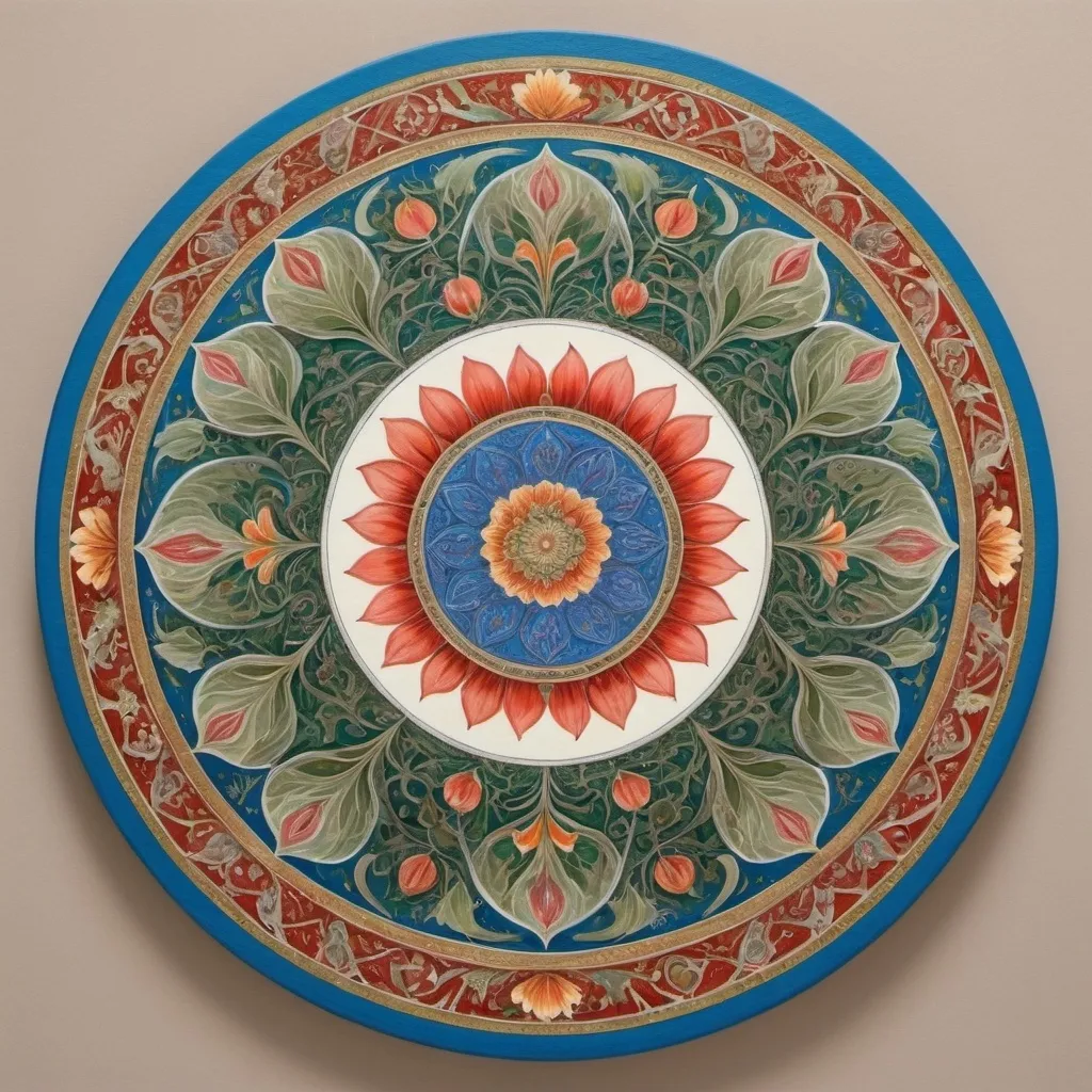 Prompt: a circular painting with a flower design on it's surface, with a circular design on the center, Amanda Sage, qajar art, in gouache detailed paintings, a detailed painting