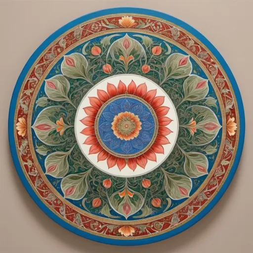 Prompt: a circular painting with a flower design on it's surface, with a circular design on the center, Amanda Sage, qajar art, in gouache detailed paintings, a detailed painting