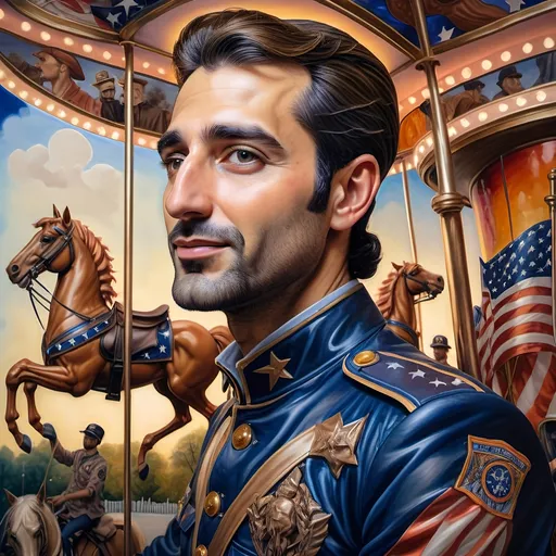 Prompt: (A Seven Wonders Art Glass Studio), oil renaissance painting, (vibrant colors), a man in military uniform, proudly riding on a Carousel of Heroes, surrounded by gracefully carved horses, soft, glowing ambiance, honoring veterans and those serving in the U.S. Military, warm golden lighting, intricate details in the uniform, carousel with richly adorned decorations, respectful atmosphere, high quality, ultra-detailed.