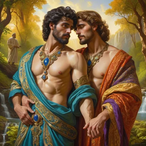 Prompt: (baroque style painting), (vibrant colors), two men in ancient clothing, standing together, lush forest setting, captivating waterfall in the background, intricate details, rich textures, inspired by Brothers Hildebrandt and qajar art, radiant light illuminating scene, evocative atmosphere, masterpiece of artistic expression, ultra-detailed and high-quality depiction.