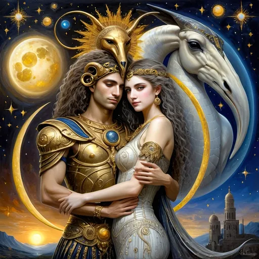 Prompt: (A masterpiece oil painting) of Nuit and Hadit embracing, set in a beautiful and ethereal landscape. Central sun and moon circle radiating (with golden and silver hues), surrounded by a celestial scene filled with sparkling stars and planets. Emphasis on (detailed textures) and (vibrant colors) that bring life to the mystical atmosphere, capturing the essence of the Aeon of Horus. (High definition, ultra-detailed).