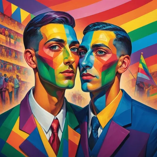 Prompt: (non-binary person), vibrant rainbow background, (rainbow flag) subtly integrated, (two men) depicted in a cubist style, (Christian W. Staudinger) inspiration, (neo-fauvism) influences visible, striking color contrasts, dynamic shapes, emotionally charged atmosphere, (incredible art) in high detail, evolve the themes of identity and inclusivity, 4K resolution, ultra-detailed.