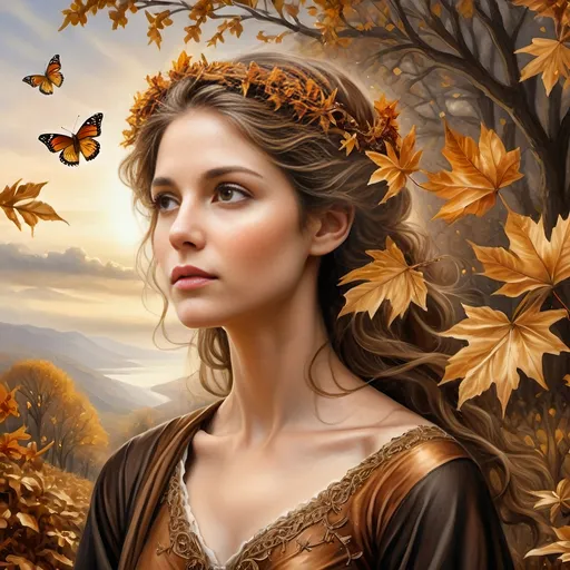 Prompt: (Renaissance style), (dark color scheme), painting of nature as a woman, flowing dress, delicate fabric, intricate details, butterfly in her hair, serene expression, surrounded by autumn leaves, rich browns and deep golds, ethereal atmosphere, soft, glowing light filtering through, capturing the essence of the Autumn Equinox, ultra-detailed, high-quality artwork.