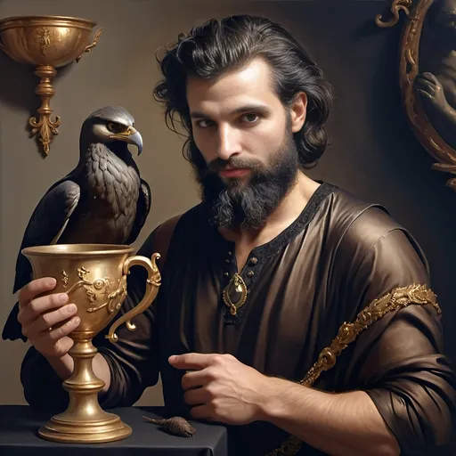 Prompt: (oil painting) Honoring Nuit, a man with a (wisdom-filled beard) holding a harp and a (rich) cup of wine, next to a (gilded golden cup), Ditlev Blunck's artisanal touch, (neoclassical elegance) with (Flemish Baroque influences). The atmosphere reflects reverence and beauty, drenched in (warm, golden tones), evoking the essence of a (divine encounter) that captures a mortal honoring the God Pan. Ultra-detailed, quintessential classical painting.