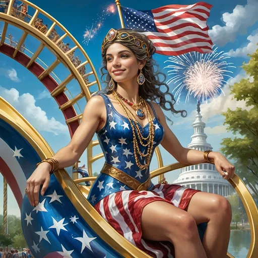 Prompt: a 7 Wonders Art Glass Studio of a person in patriotic dress riding the rollercoaster Liberty Park, located in Washington D.C, Northern Virginia, and Maryland local attractions, with U.S.Flag themes and float in the background and fireworks in the sky, 4th of July in Liberty Park.  honoring the goddess Nuit.