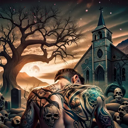 Prompt: A Seven Wonders Art Glass masterpiece painting, (honoring Nuit), a man sitting on a grave in front of an eerie graveyard with a tall, gnarled tree and a haunting church in the background, (Dirk Crabeth style), evoking gothic art influences. Rich, muted colors blend with shadows in a vibrant yet melancholic ambiance, creating a dramatic atmosphere. Detailed textures in the matte painting showcase intricate forms and depth, high-quality visuals, ultra-detailed.