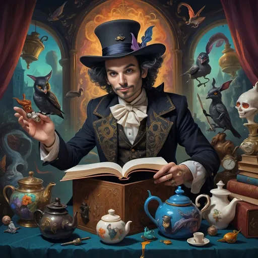 Prompt: (vibrant psychedelic still life), portrait of a magician jack-in-the-box man, surrounded by whimsical teapots and enchanting magical items, coming to life, playful ambiance, lively colors, an open book in front of him, surrealistic elements, dreamlike atmosphere, richly detailed background, (spectacular color gradients), ultra-detailed, eye-catching composition, high-quality artwork.