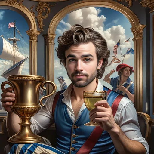 Prompt: Honoring Nuit, this is a Seven Wonders Art Glass Studio oil painting of a man with a beard holding a harp and a cup of wine next to a golden cup, Ditlev Blunck, neoclassicism, classical painting, a flemish Baroque.  Printing captures a mortal honoring the God Pan.