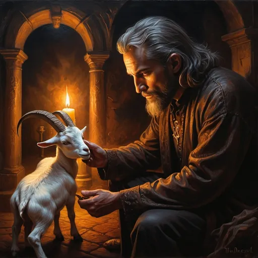 Prompt: (fantasy art), (dark fantasy art), (oil painting), a man and a goat touching hands, illuminated by flickering candlelight, a foreboding atmosphere, intricate details on characters, enchanting yet eerie background, vintage textures, rich shadows, warm color tones, an ominous sign stating "(accurately spelled text 'the devil is coming')", highly detailed, captivating imagery, masterpiece composition, evoking suspense.