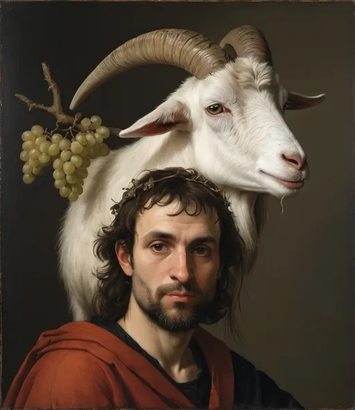 Prompt: a painting of a man with horns and a goat's head on his head, holding grapes and a branch, Dieric Bouts, neoclassicism, highly detailed oil painting, a fine art painting