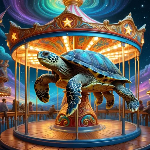 Prompt: (turtle on carousel), (stars and swirls on its back), (spirally design), psychedelic art, vibrant colors, intricate details, fantastical atmosphere, dreamy ambiance, Donato Giancola style, highly detailed digital painting, airbrush painting techniques, visual wonder, swirling patterns, enchanting background, whimsical dreamscape, (4K resolution), ultra-detailed craftsmanship.