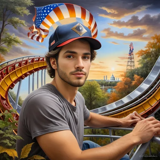 Prompt: A masterpiece painting by A Seven Wonders Art Glass Studio, (vibrant colors), depicting a man in a (patriotic hat) riding the (Freedom rollercoaster) in D.C.’s (new amusement park) named Freedom Park. The background features (dynamic amusement park rides), (lush greenery), and the spirit of (freedom) runs throughout. A symbolic homage to Nuit, with a (breathtaking sky) above, featuring (warm light) detailing and a victorious atmosphere, encapsulated in (ultra-detailed) art.