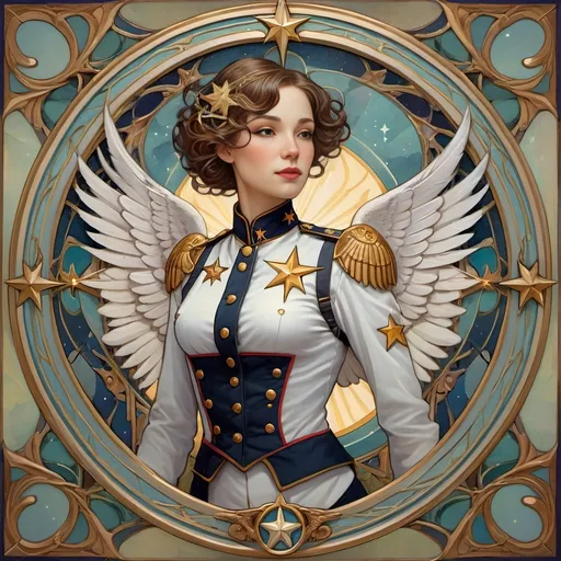 Prompt: a woman in a uniform with wings and a star on her chest, in a circular frame with a star, Aaron Jasinski, art nouveau, character portrait, a character portrait