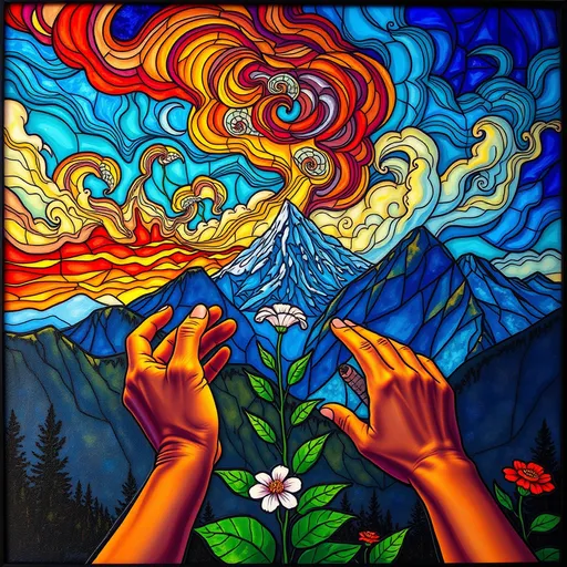 Prompt: (A Seven Wonders Art Glass Studio stained glass window), vibrant mountain landscape, hands reaching for a delicate flower in the foreground, intricate sky with swirling clouds, (psychedelic art style), homage to Nuit, (gouache detailed paintings), oil on canvas masterpiece, ethereal atmosphere, rich colors blending harmoniously, high quality, (4K ultra-detailed), captivating and immersive visual experience.