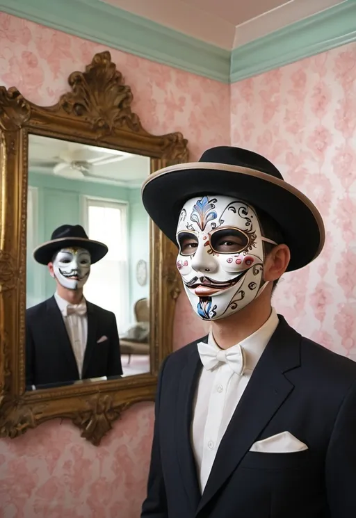 Prompt: a man with a mask on his face and a hat on his head, standing in a room with a mirror, Dave Arredondo, kitsch movement, david lazar, a portrait