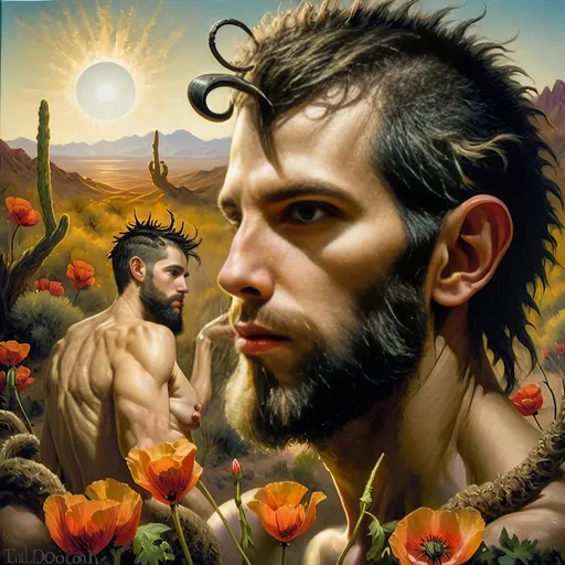 Prompt: A Seven Wonders Art Glass Studio portrait oil painting of a man with a beard in middle of Mojave Desert peak Poppy bloom season. Honoring Nuit