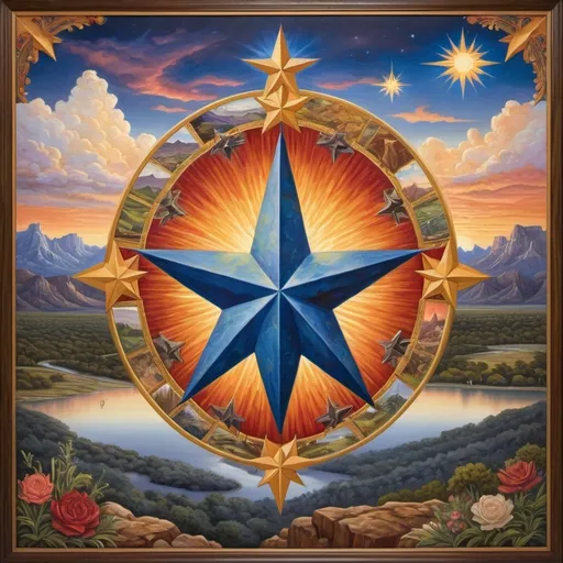 Prompt: (detailed oil painting) a radiant star at the center, surrounded by intricate representations of Texas landscapes and iconic state symbols, harmoniously integrated into a map design, (Evelyn De Morgan inspired) vivid colors, rich textures, highly detailed, showcasing regionalism, capturing the essence of Texas, artful composition, historical richness, and cultural significance, ultra-detailed, vibrant hues, breathtaking atmospheres.