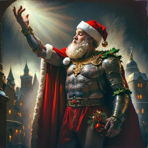 Prompt: An oil on canvas a knight dressed as a santa clause (in honor of Nuit) in a dark city with a light shining on him and a red cape, Ernest William Christmas, antipodeans, epic fantasy character art, concept art