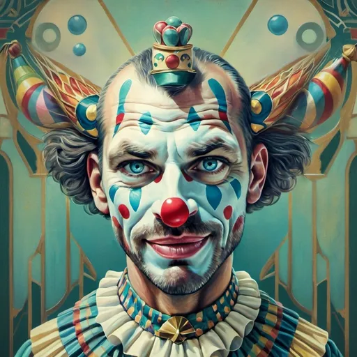 Prompt: (Art Deco Style painting), clown with a clown mask, clown nose painted, vibrant pastel colors, (highly detailed) digital painting, (ultrafine details), by Chris LaBrooy, whimsical and surreal ambiance, intricate patterns and geometric forms, nostalgic yet fantastical elements, captivating composition, warm and inviting atmosphere, evocative of joyful whimsy, 4K quality, extraordinary artistry.