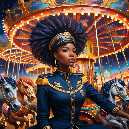 Prompt: (vibrant painting) a (black woman) in a (Navy uniform), riding on a dazzling carousel, surrounded by (colorful horses) and (glimmering carousel lights), set under an ethereal afrofuturism backdrop, dynamic ambiance, radiating warmth and creativity, expressive and bold colors enhancing detail, (artistic masterpiece) showcasing rich African heritage intertwined with fantastical elements, (HD ultra-detailed) presentation.