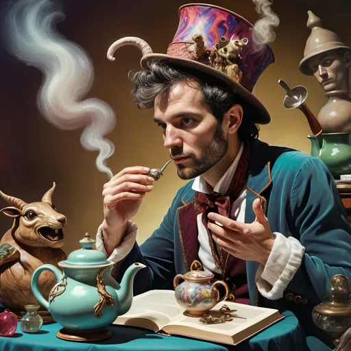 Prompt: (psychedelic still life portrait), a magician jack-in-the-box man, surrounded by (vibrant) teapots and enchanted magical items, items coming to life at a whimsical tea party, an open book exuding shimmering light in front of him, rich jewel tones, swirling patterns, otherworldly atmosphere, 4K, ultra-detailed, dreamlike ambiance.