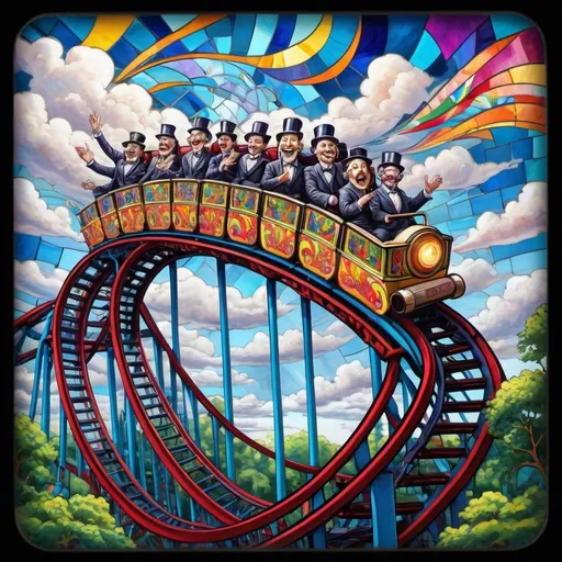 Prompt: (psychedelic art style), magicians riding a roller coaster, vibrant color scheme, whimsical atmosphere, capturing surprise photos,  intricate fine details, amusement park titled "Liberty Park" in D.C., stunning stained glass coaster, fantastical clouds floating, kaleidoscopic visuals, surreal happiness, exciting energy, high contrast colors, ultra-detailed, dreamlike scenery, bountiful whimsy, inviting yet thrilling ambiance.