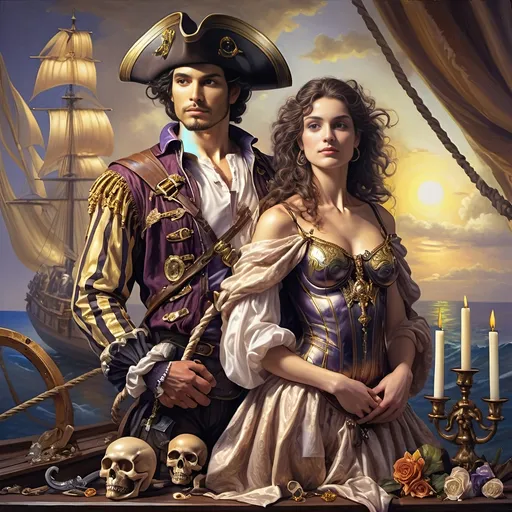 Prompt: (A 7 Wonders Art Glass Studio Renaissance oil painted masterpiece), (Honoring Nuit), pirate man and lover, adorned in detailed pirate costumes reminiscent of Conquistadors, standing confidently together, in front of an intricately designed ship with a skull motif, lush fantasy settings, remarkable (highly detailed), rich color palette, masterful (oil painting), capturing a sense of adventure and romance.