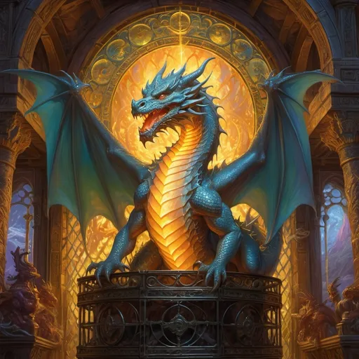 Prompt: (central content: dragon in a glowing cage), (radiant light emanating from within), (immersive fantasy atmosphere), (highly detailed painting), (vivid colors), (masterful brushwork), (dramatic contrasts), (inspired by Donato Giancola), ultra-detailed, captivating mythical scene, intricate scales, ethereal glow, (fantasy art)