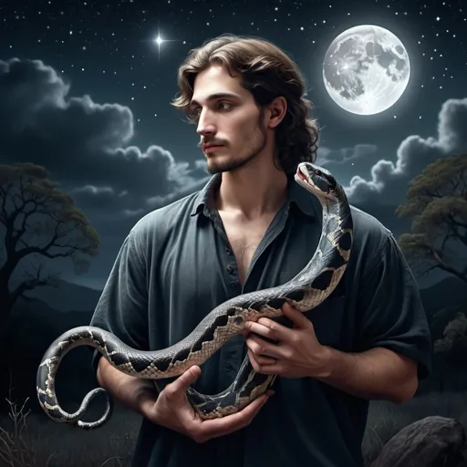 Prompt: (ultra realistic illustration), man holding a snake, (Adam Manyoki), set against a breathtaking night sky, twinkling stars, full moon casting a silver glow, inspired by pre-Raphaelitism, dramatic contrasts, intricate details, ethereal ambiance, perfect for an album cover, haunting yet captivating, rich textures, HD quality, seamless blend of elements.