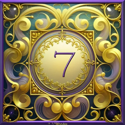 Prompt: (accurately spelled text “7 Wonders Art Glass Studio”), painting of a (gold and purple) frame with (elegant swirls), (art nouveau) style influenced by (art deco), featuring a (circular gold plate) in the center, intricate details, (whimsical patterns), rich textures, vibrant colors, (HD), mesmerizing ambiance, (game art) elements intricately woven throughout.