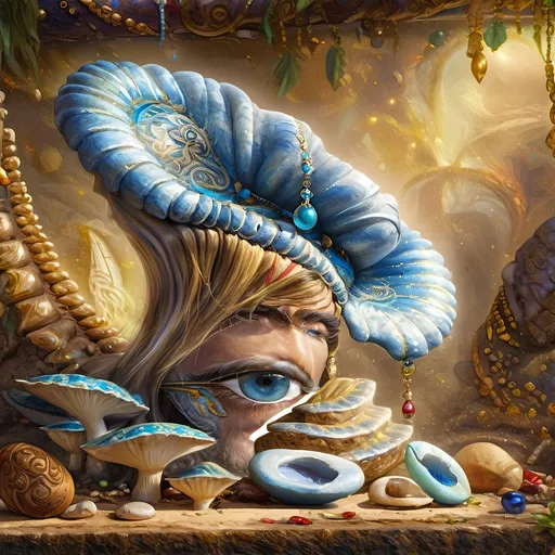 Prompt: (7 Wonders Art Glass Studio masterpiece oil painting), a magical mushroom, blue shell, blue eye (Eye of Horus), enchanting atmosphere, vibrant colors, surreal details, whimsical elements, mystical background, soft lighting, HD resolution, captivating composition, dreamlike surroundings, colorful expression, intricate textures, nature-inspired themes, rich artistic depth, alive with creativity.