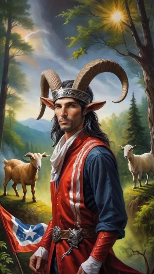 Prompt: (Anne Stokes inspired) painting of a (man with a goat's head), striking pose, a (flag billowing in front), deep magical forest background, high vibrancy, epic fantasy vibe, intricate details, dynamic brushwork, soft highlights and shadows, (masterpiece quality), immersive colors and textures, portraying a heroic and otherworldly atmosphere.